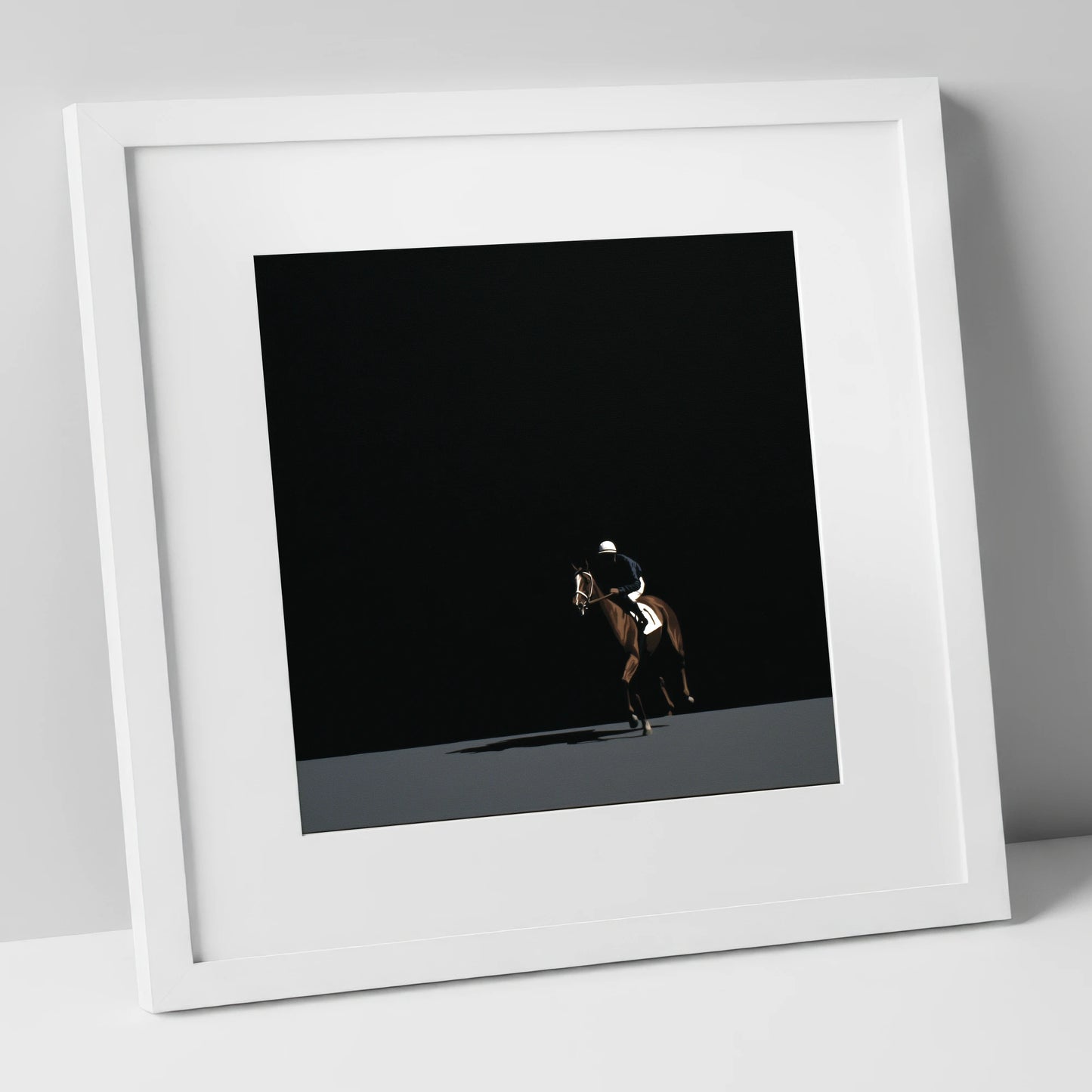 Out of the Shadows racing horse art print in white frame
