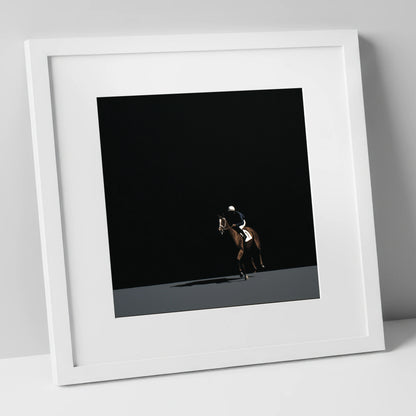 Out of the Shadows racing horse art print in white frame