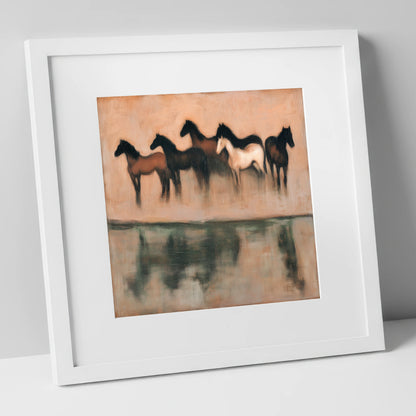 Shadows of the Herd wild horses art print in white frame
