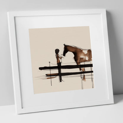 Connection at the Fence horse & rider art print in white frame