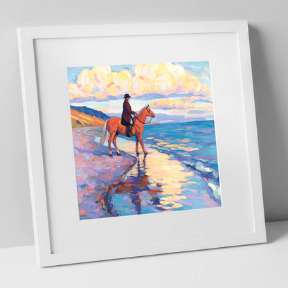 Sunset Coastal Reflections beach horse art print in white frame