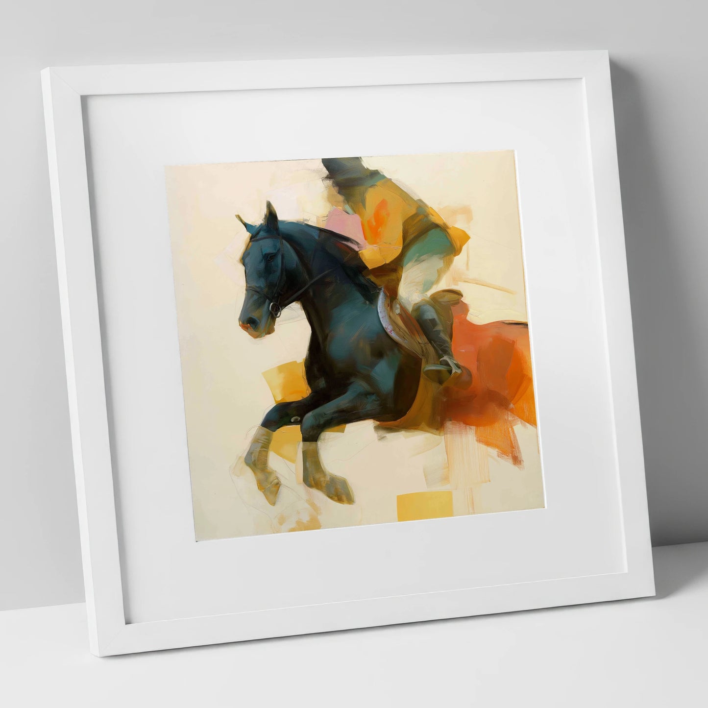 Kinetic Leap show jumping horse art print in white frame