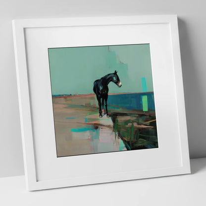 Silent Teal Horizon horse landscape art print in white frame