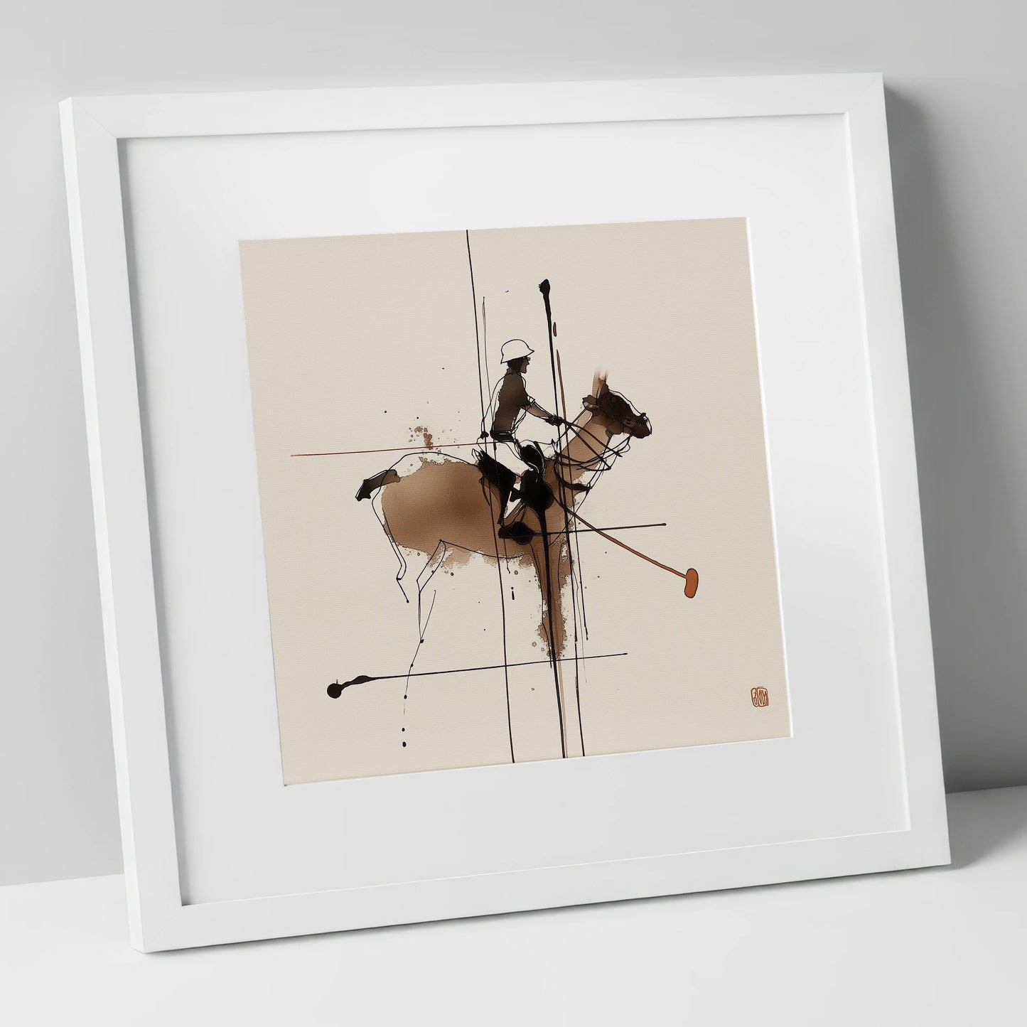 Abstract Polo Strike polo horse art print in white frame
