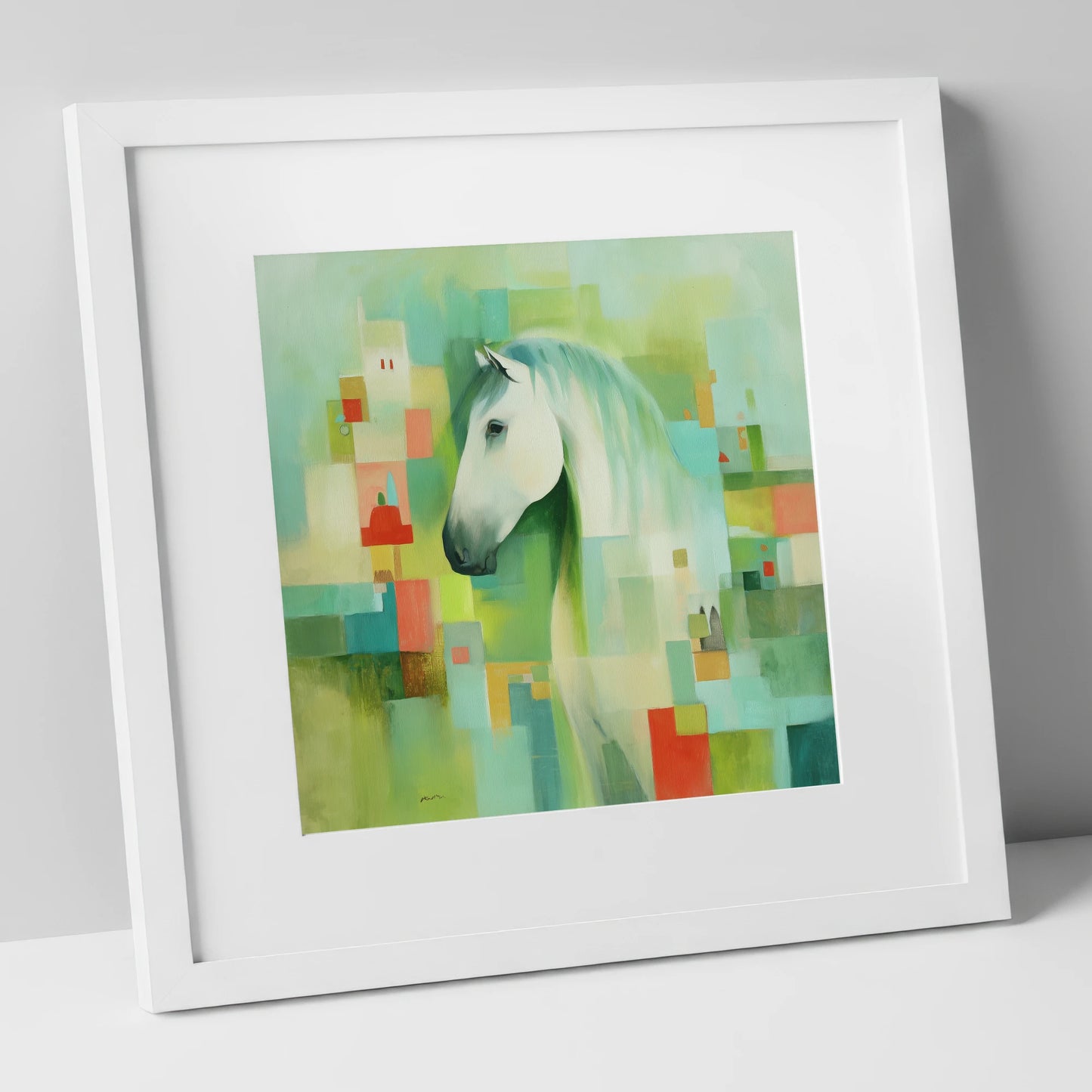 Abstract Grey Harmony horse breed art print in white frame