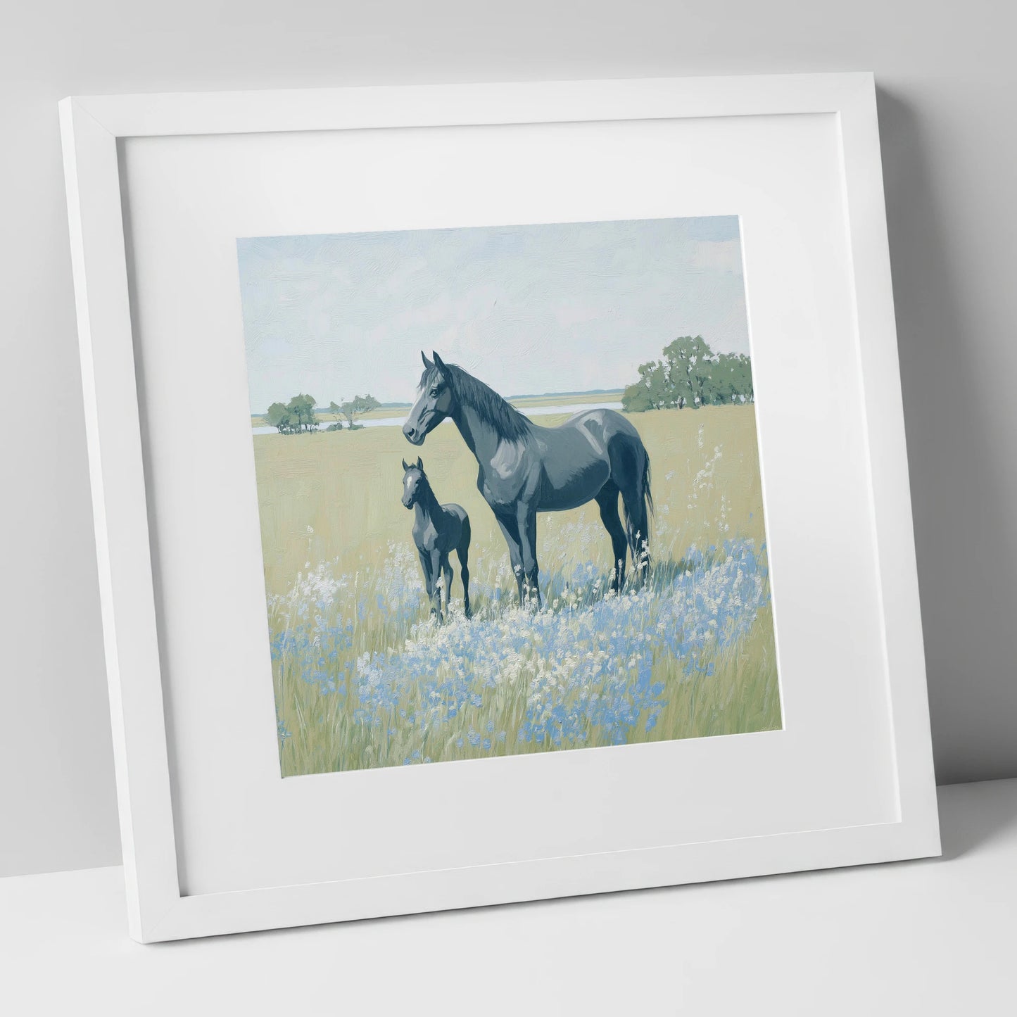 Slate Grey Summer Pasture mare & foal art print in white frame