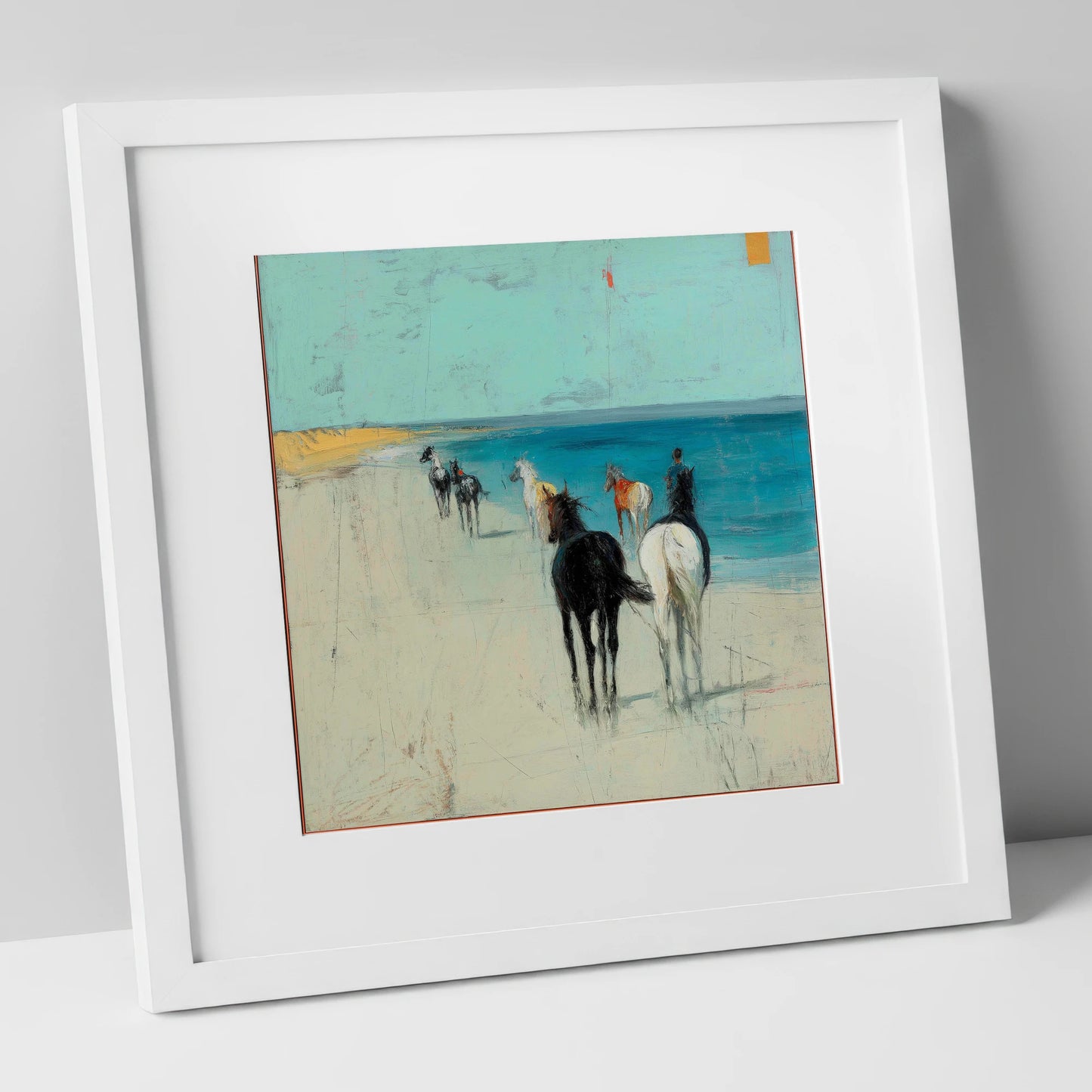 Turquoise Shore Hack horse landscape art print in white frame