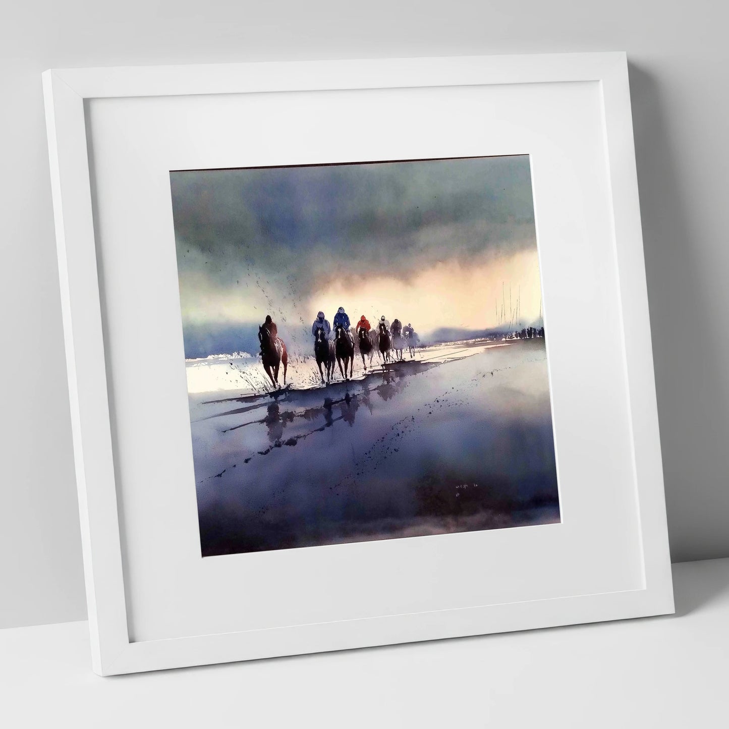 Morning Beach Gallops racing horse art print in white frame