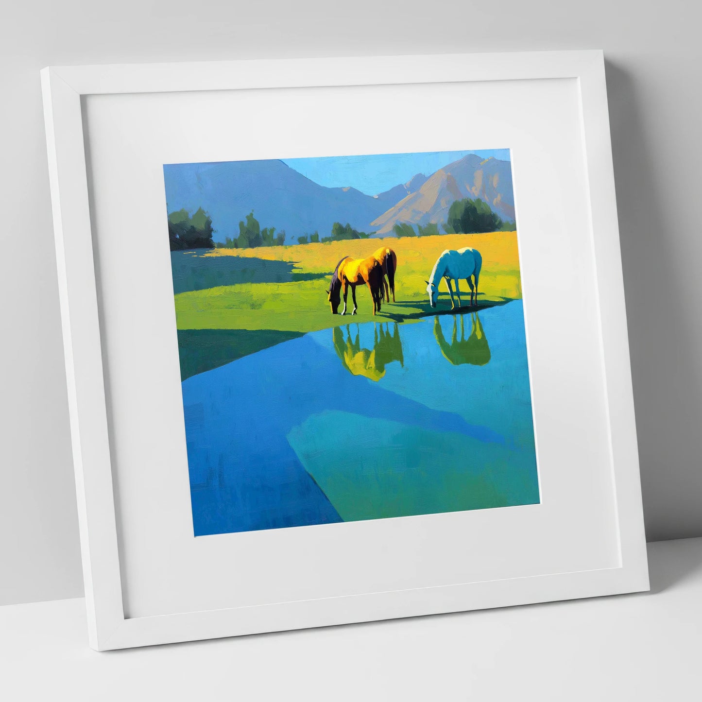 Sunlit Waterside Grazing wild horses art print in white frame