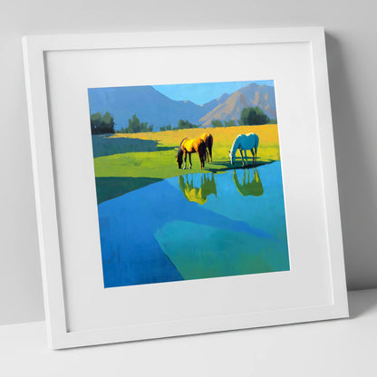 Sunlit Waterside Grazing wild horses art print in white frame