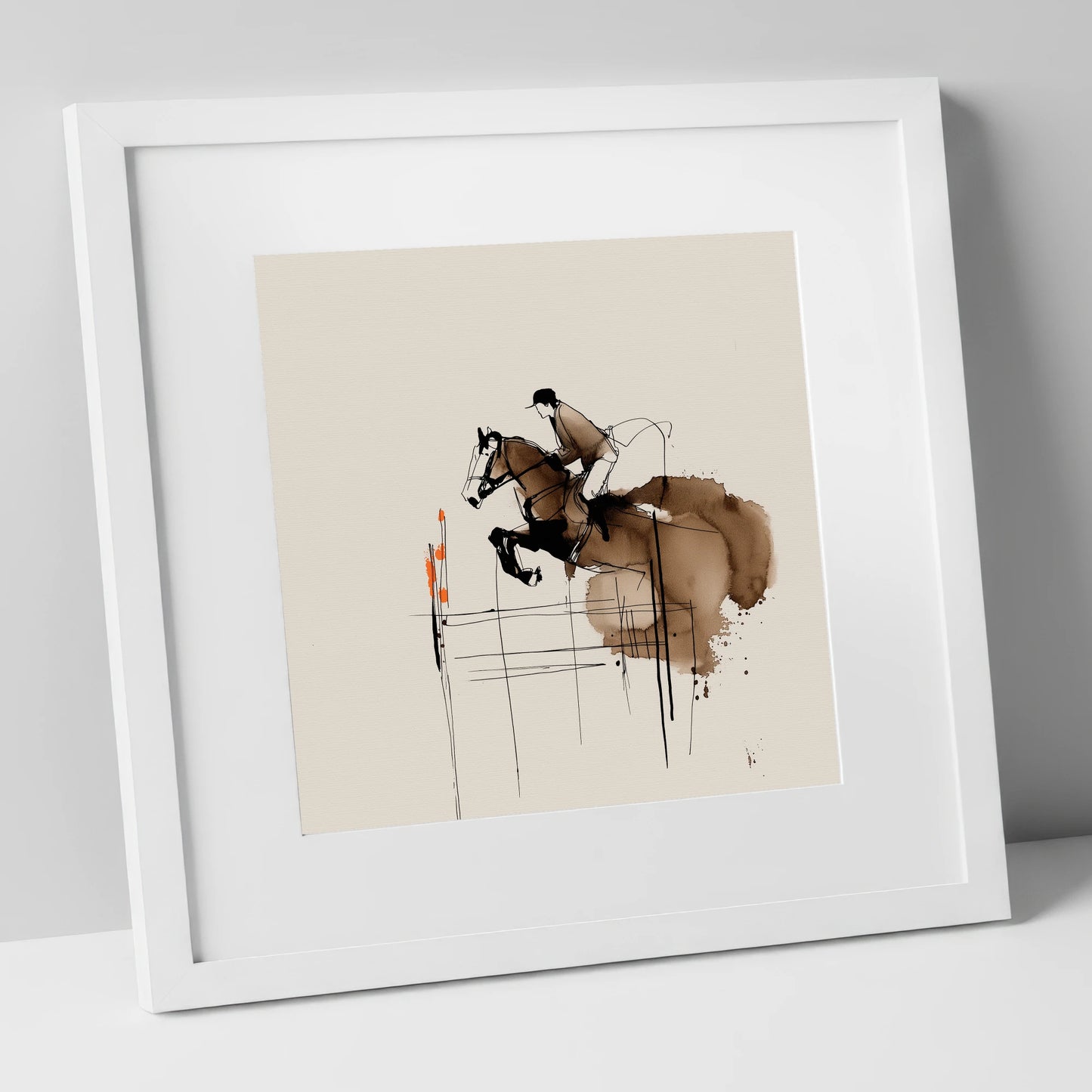 Dynamic Showjumping Flight show jumping horse art print in white frame