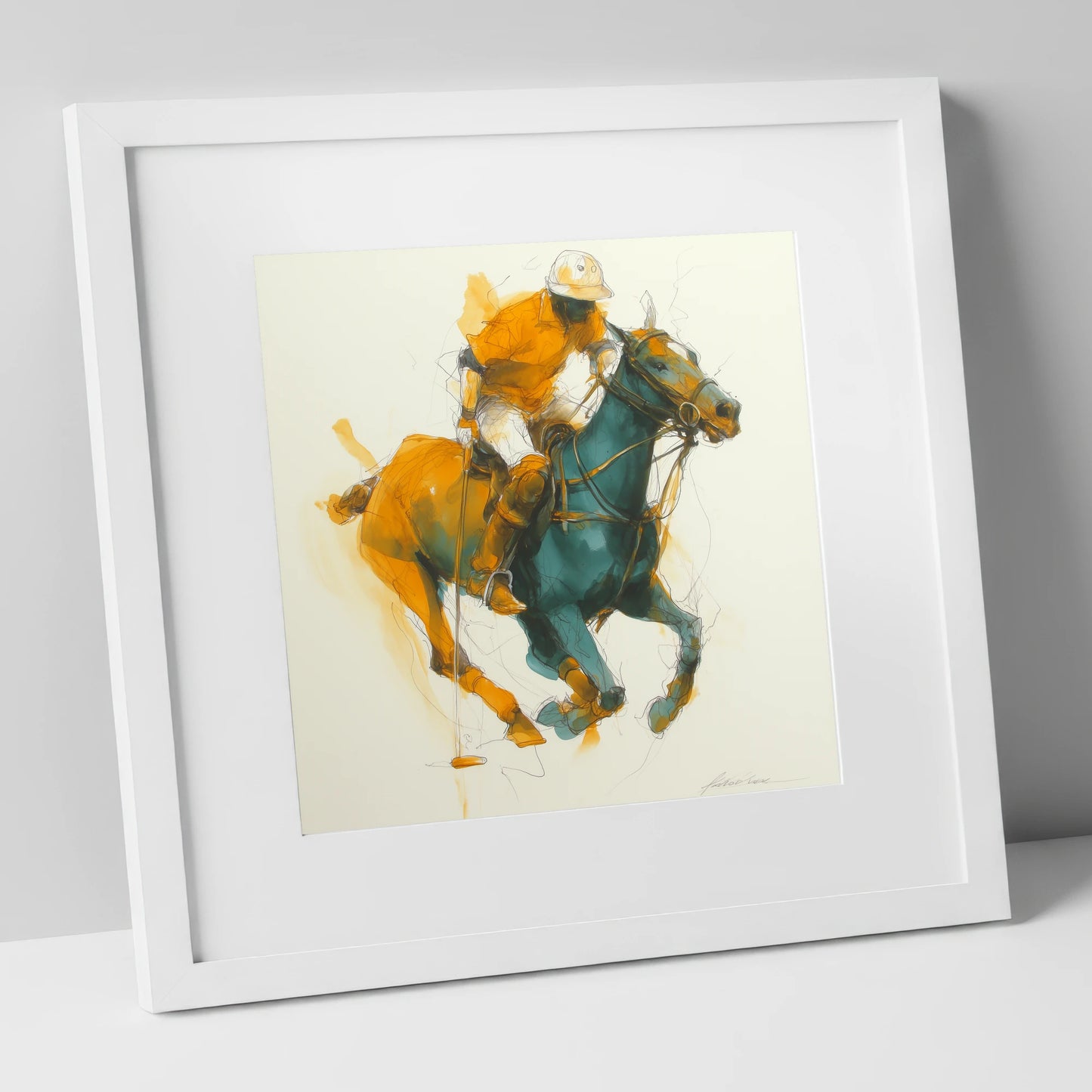 The Decisive Strike polo horse art print in white frame