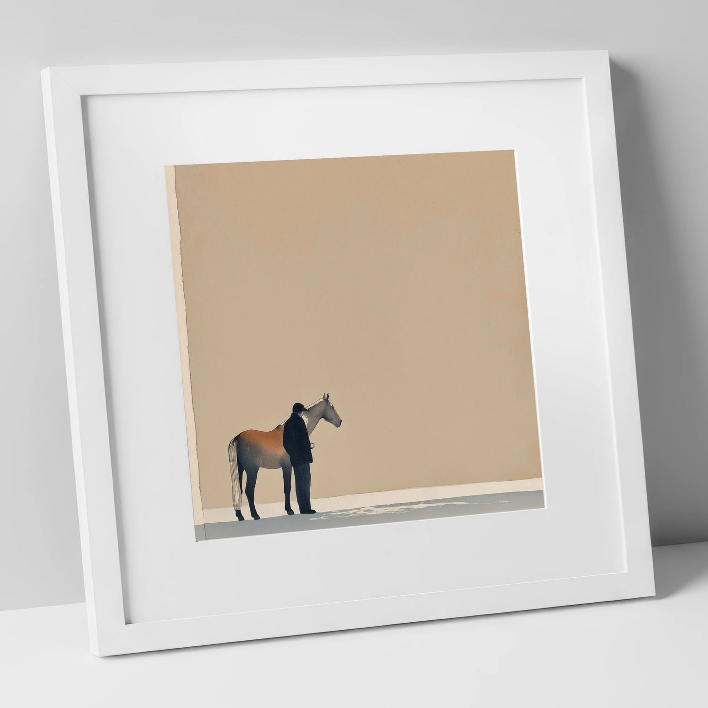Stillness Together horse & rider art print in white frame