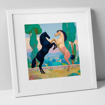 Azure and Rose Dance wild horses art print in white frame