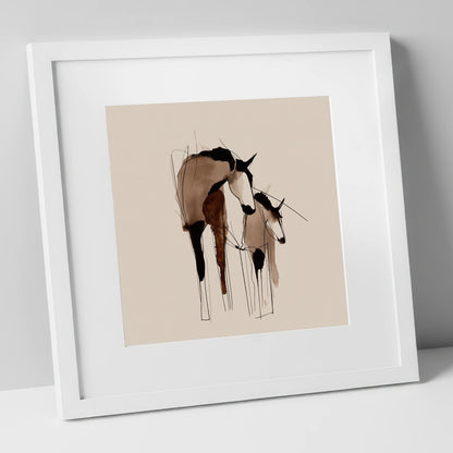 Tender Connection mare & foal art print in white frame