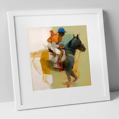 Cerulean and Silk racing horse art print in white frame