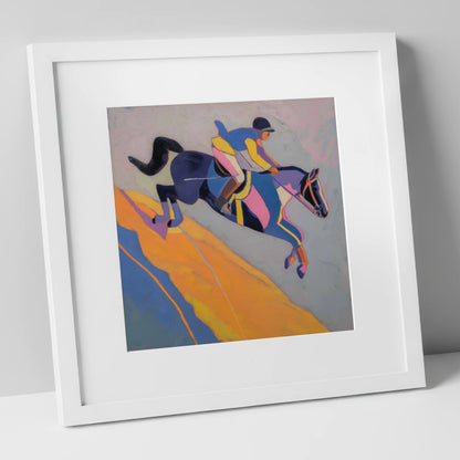 Vibrant Mid-Air Leap show jumping horse art print in white frame