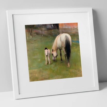 Quiet Pastoral Bond mare & foal art print in white frame