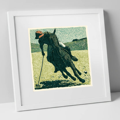 Dynamic Polo Strike polo horse art print in white frame