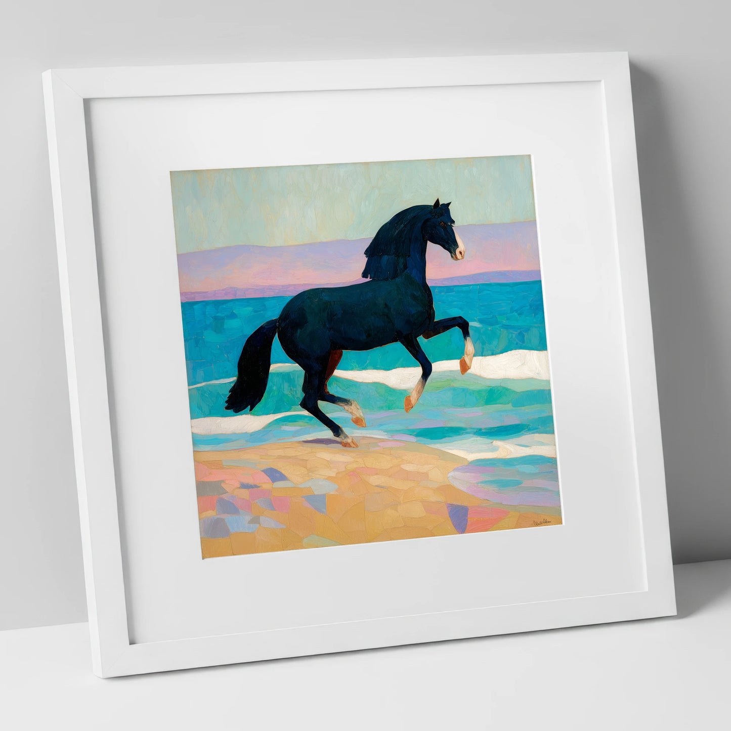 Azure Coastal Rhythm horse landscape art print in white frame