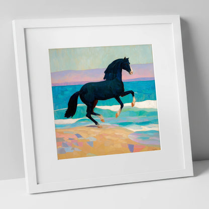 Azure Coastal Rhythm horse landscape art print in white frame