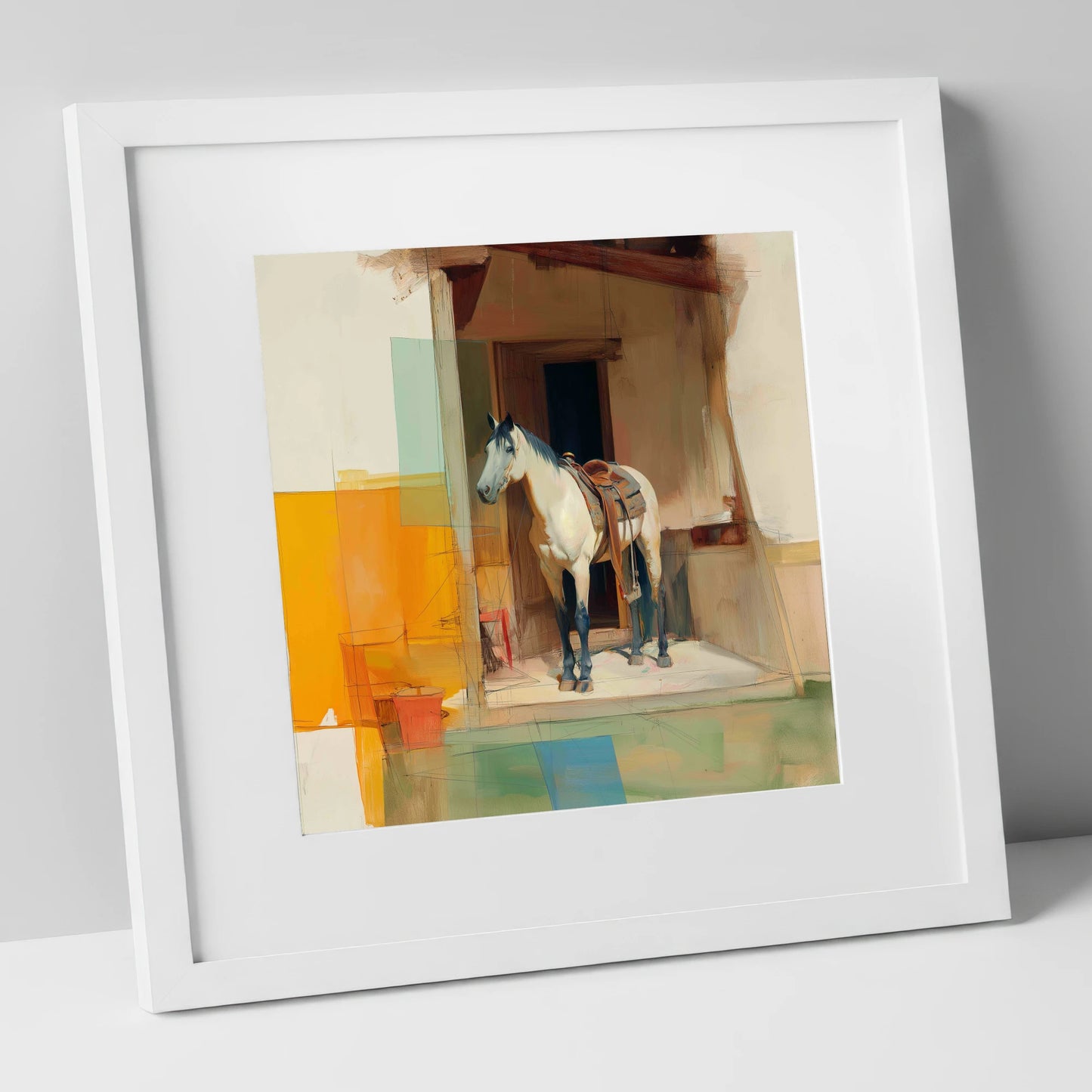The Waiting Grey horse stable art print in white frame