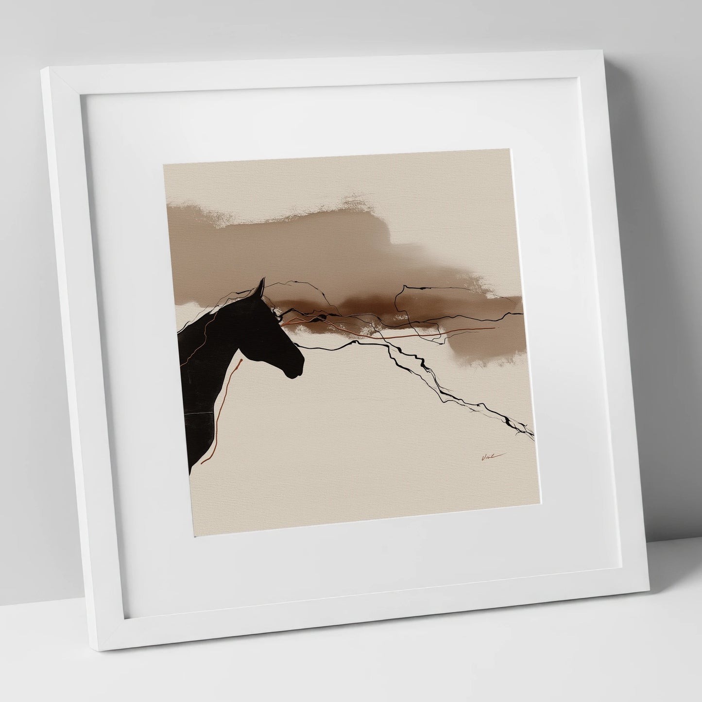Abstract Sepia Silhouette horse portrait art print in white frame