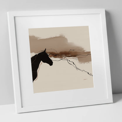 Abstract Sepia Silhouette horse portrait art print in white frame
