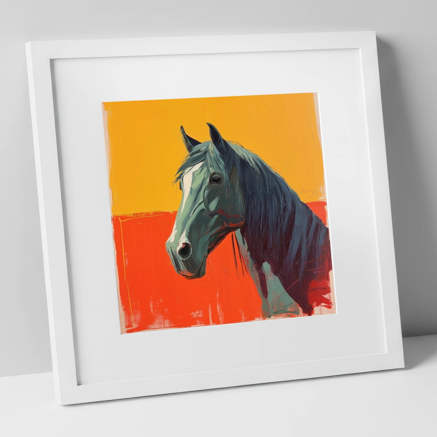 Fiery Grey Portrait horse breed art print in white frame