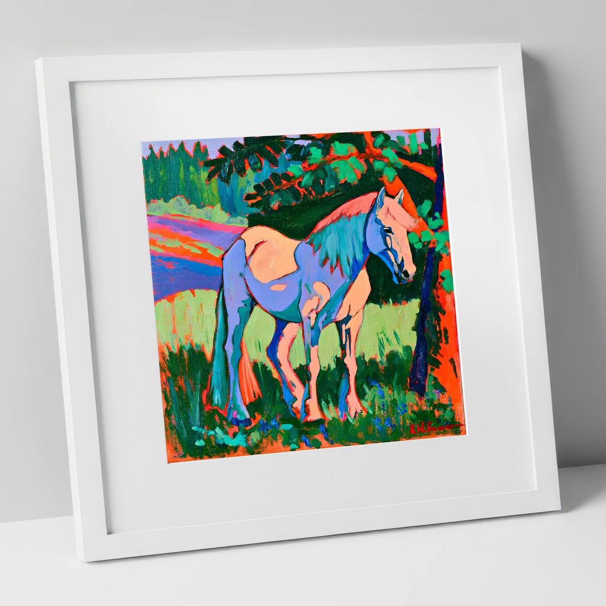 Vibrant Blue Horse Under Tree horse breed art print in white frame