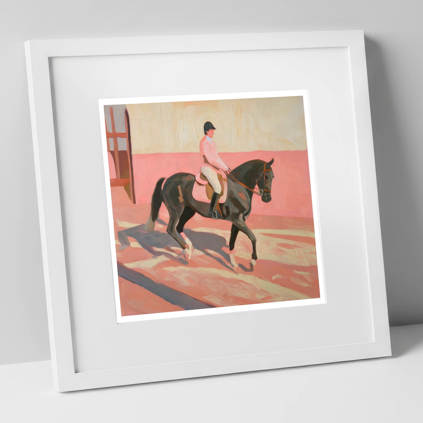 Dusty Pink Shadows dressage horse art print in white frame