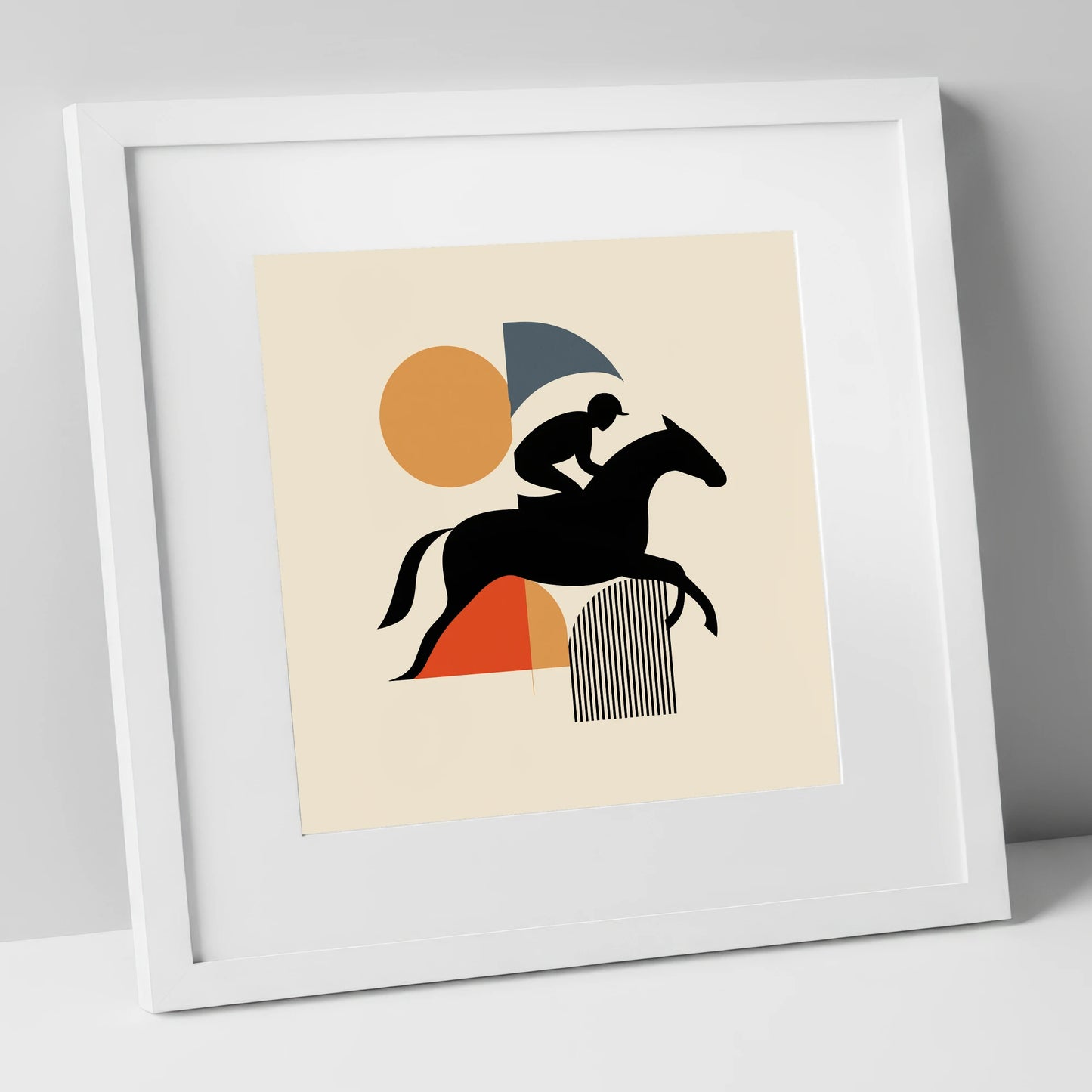 Mid-Century Racing Silhouette racing horse art print in white frame
