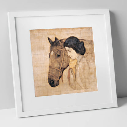 The Silent Bond horse & rider art print in white frame