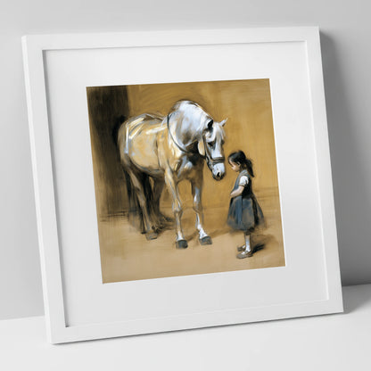 A Quiet Greeting horse & rider art print in white frame