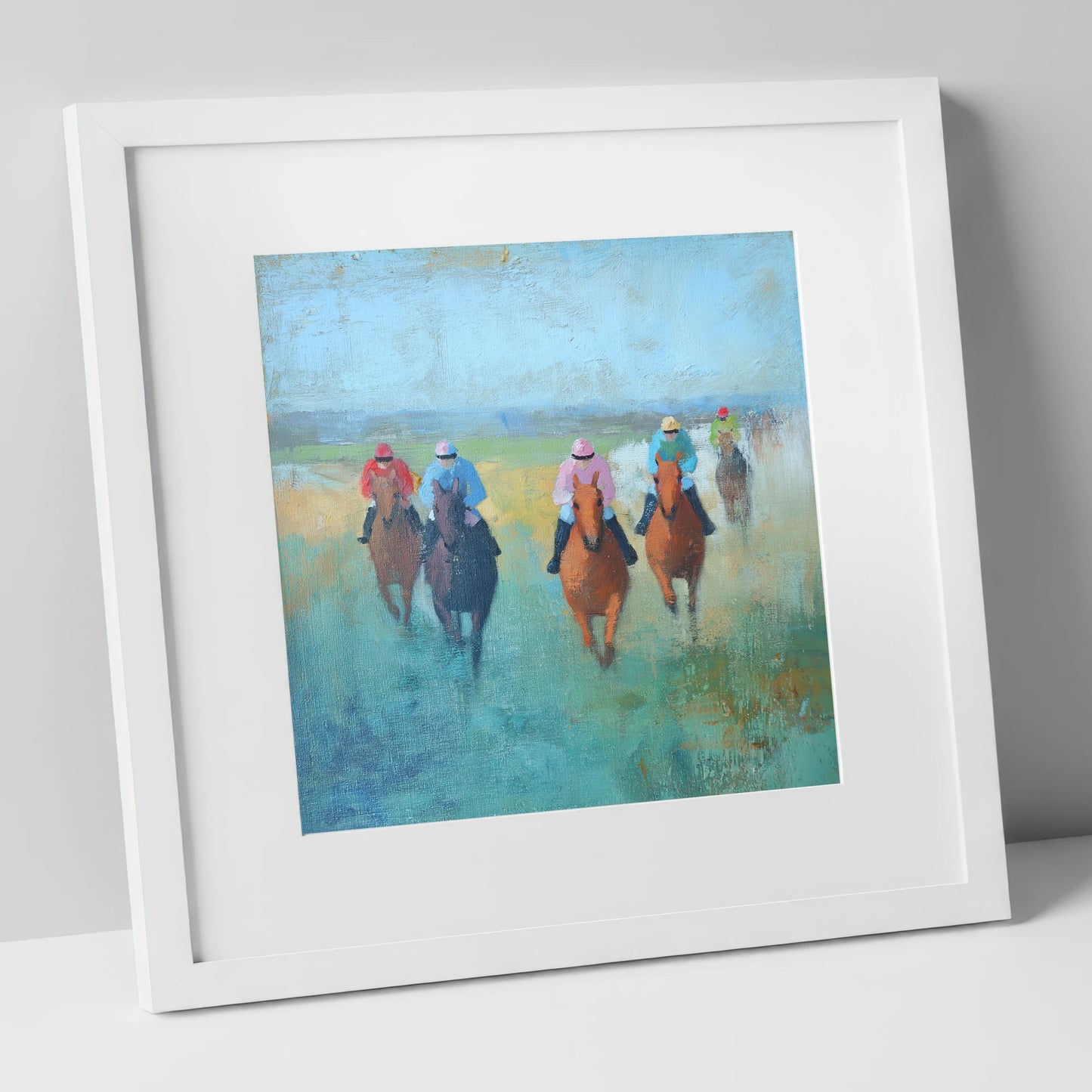 Through the Mist racing horse art print in white frame