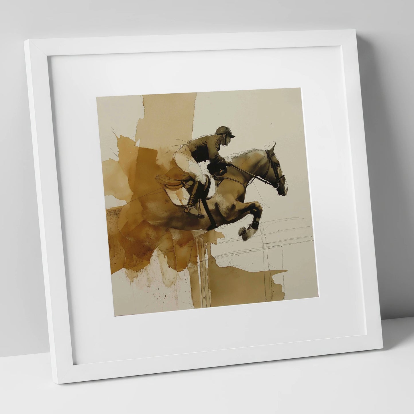 Moment of Suspension show jumping horse art print in white frame