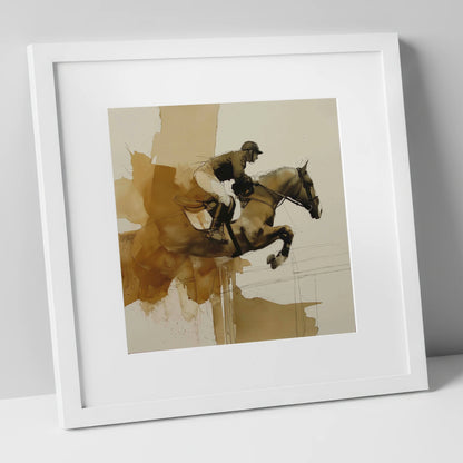 Moment of Suspension show jumping horse art print in white frame