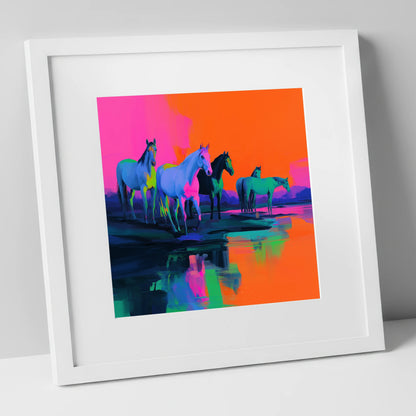 Electric Sunset Herd wild horses art print in white frame
