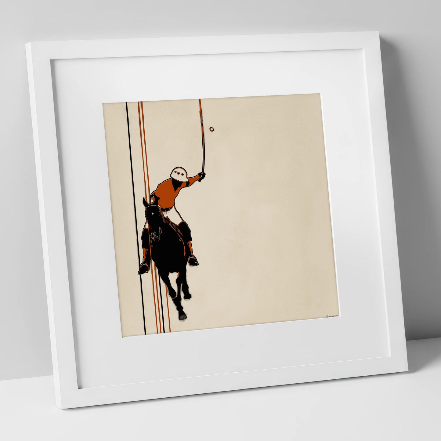 The Perfect Strike polo horse art print in white frame