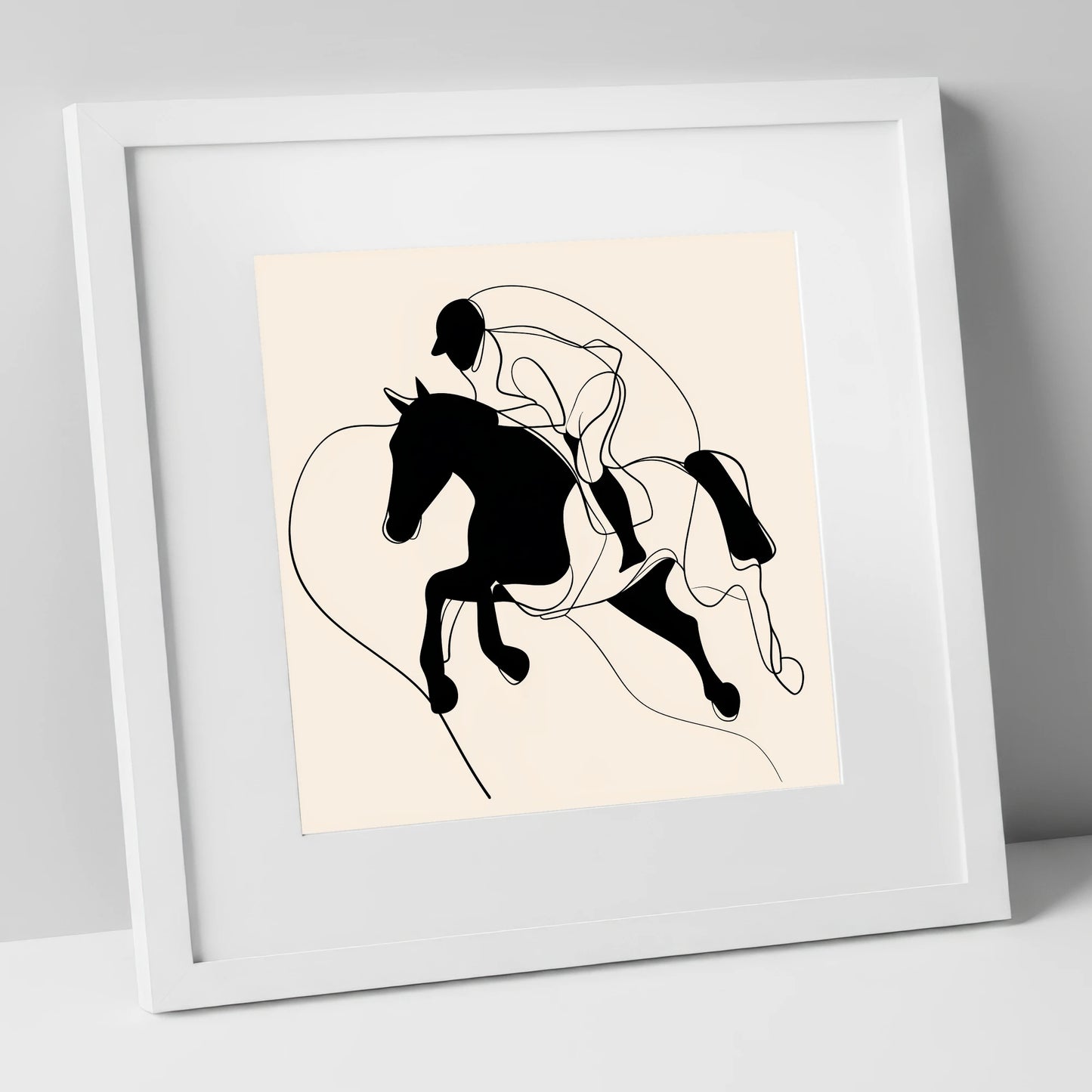 Airborne Elegance show jumping horse art print in white frame