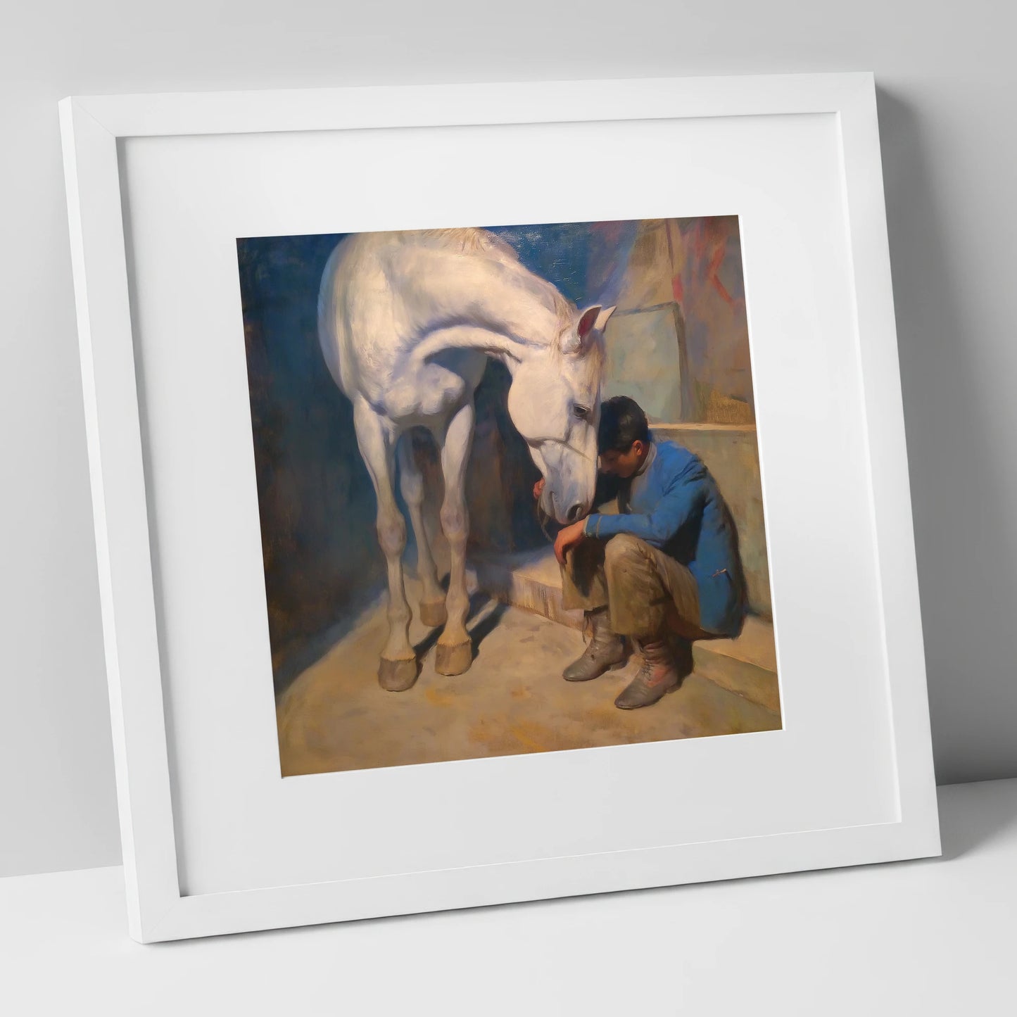 A Moment of Solace horse & rider art print in white frame