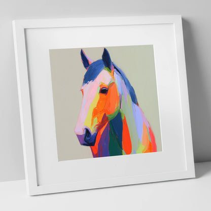 Vivid Technicolour Spirit horse portrait art print in white frame
