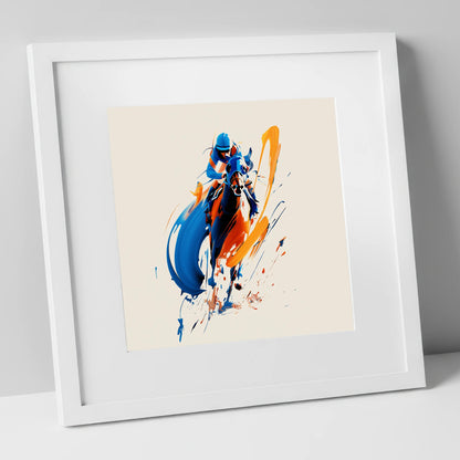 Dynamic Racing Strides racing horse art print in white frame