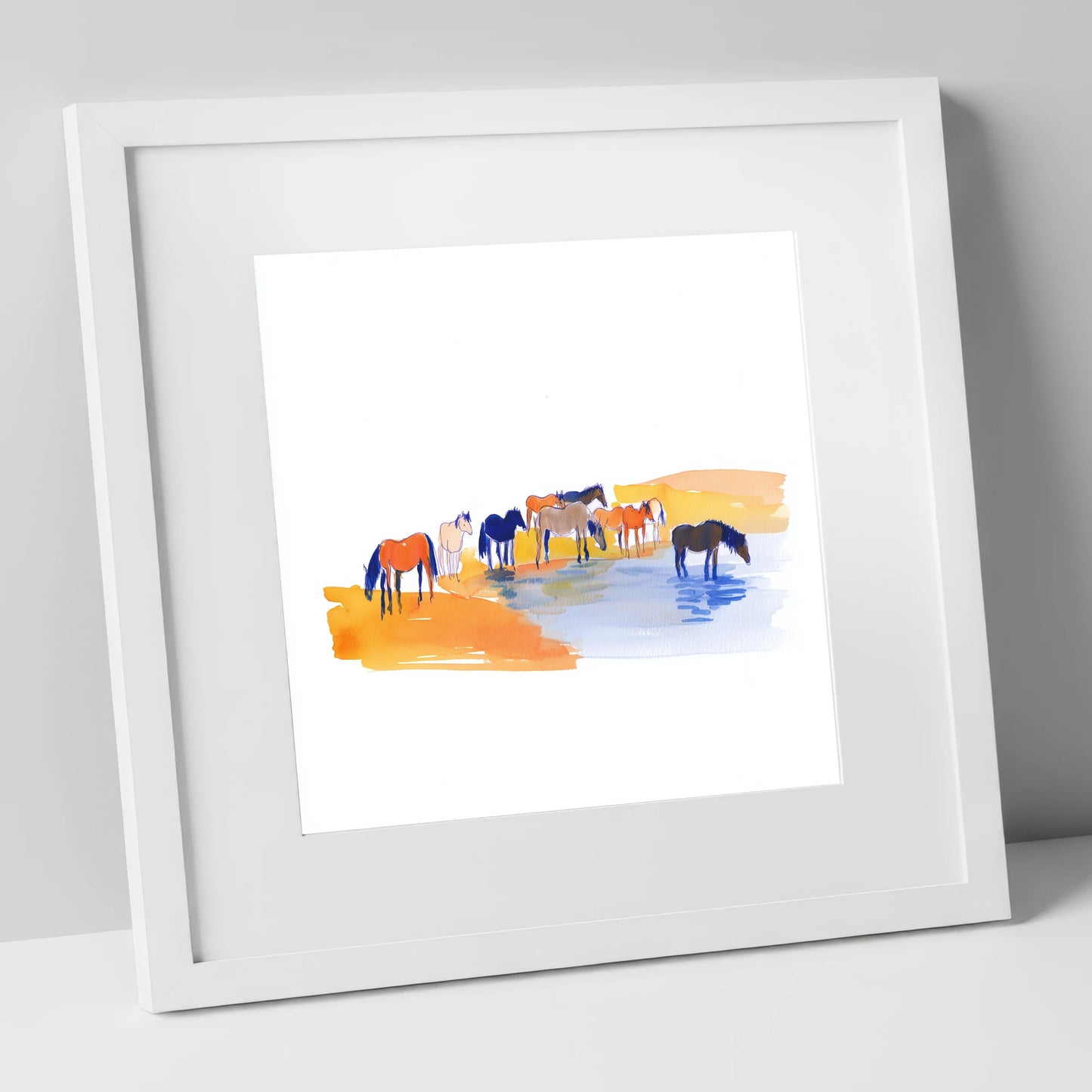 Oasis Gathering wild horses art print in white frame