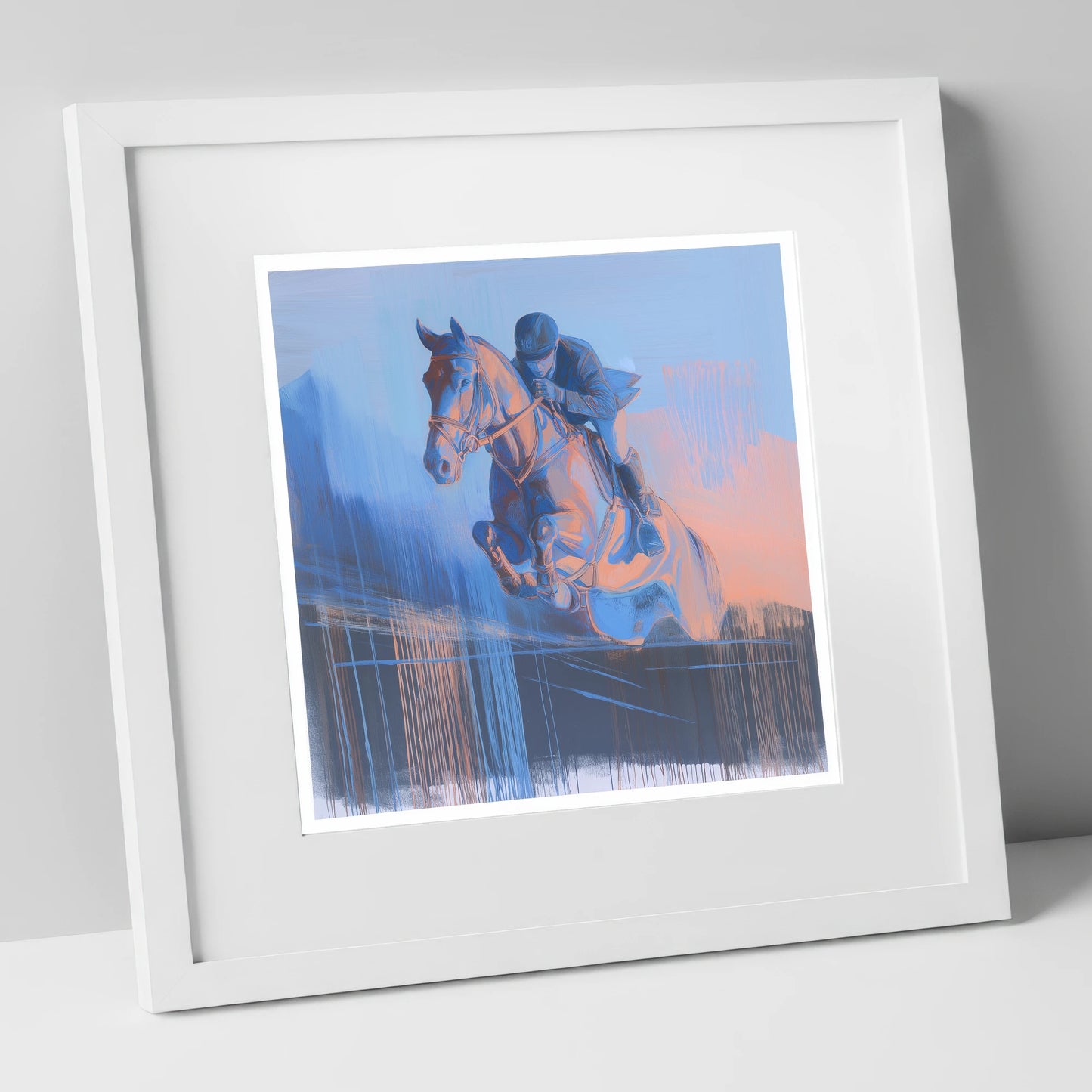 Suspended in Cobalt show jumping horse art print in white frame
