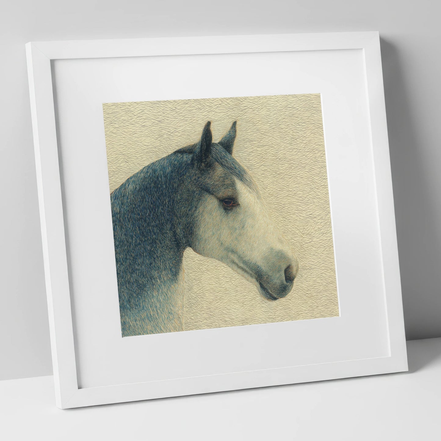 Serene Slate Profile horse portrait art print in white frame