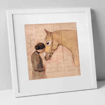 The Silent Language horse & rider art print in white frame