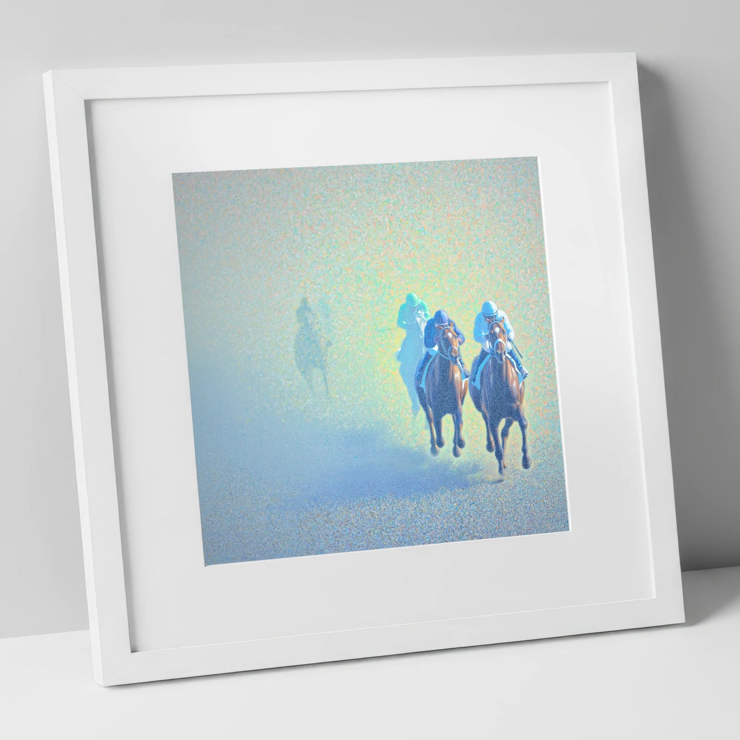 Luminous Morning Chase racing horse art print in white frame