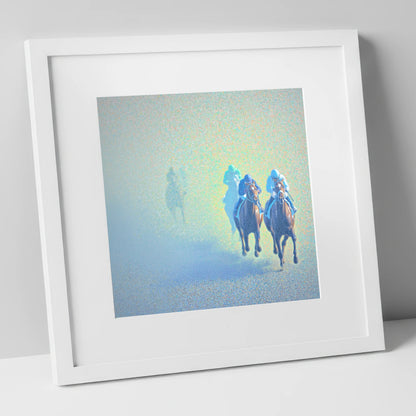 Luminous Morning Chase racing horse art print in white frame