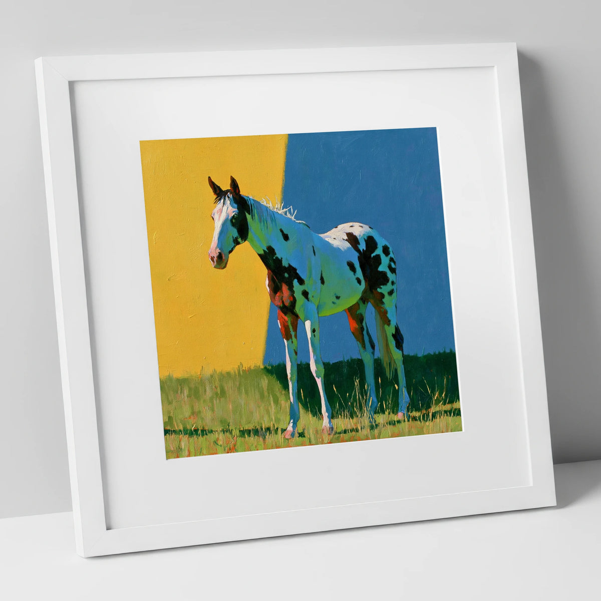 Spotted Horse in Vibrant Colours horse breed art print in white frame